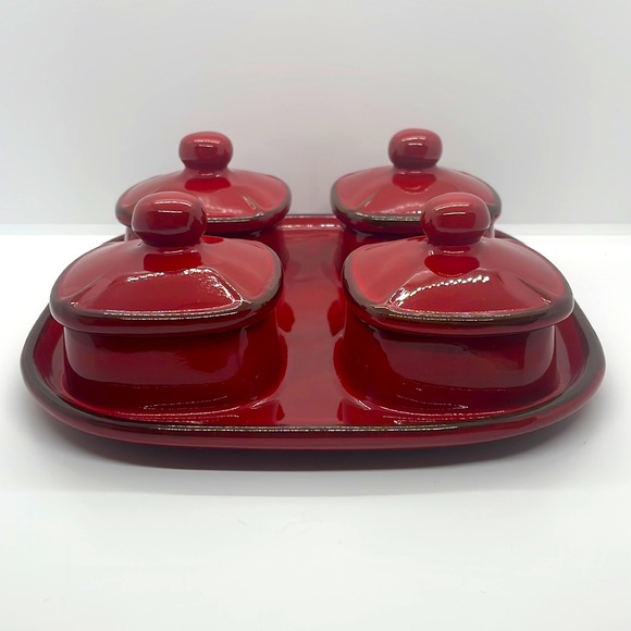 Pottery Barn Ceramic Condiment Dish, with Lids. Deep red, with brown accents. - Picture 3 of 8